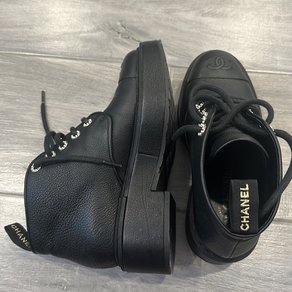 Chanel Black Leather Combat Ankle Boots, Women's (Size 38.5) - Picture 8 of 9